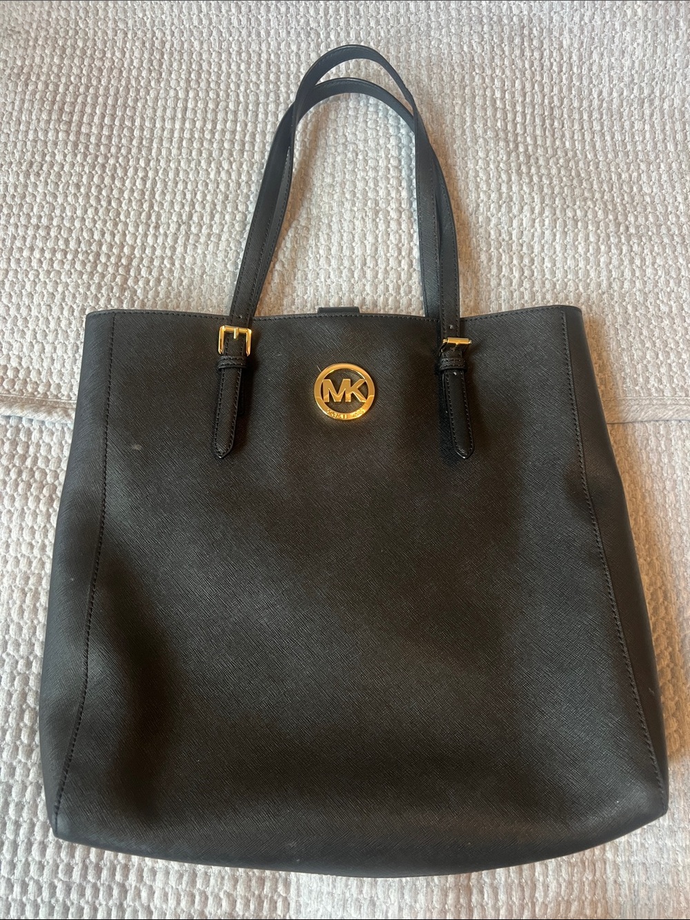 Michael Kors Black Leather MK Logo Tote with Gold Hardware